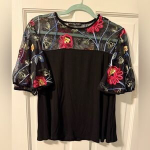 Kim & Cami Black Top with Colorful Floral Embroidery